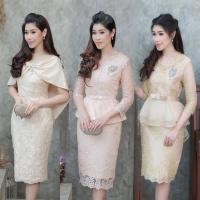 ราคา XXL ชุดเดรสออกงานลูกไม้ โทนสีครีมทอง,ทอง ใส่ไปงานแต่งงานบวช (29880236731)