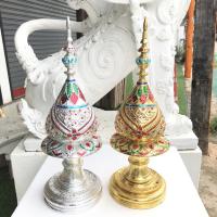 ราคา 1คู่ ไม้แกะสลักพานพุ่มสูง 60ซม.พานพุ่มไม้สีทอง- เงิน แต่งเส้นติดกระจกพานพิธีไหว้ครู ใช้ประดับโต๊ะหมู่บูชา (4996371816)