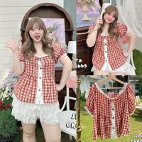 ราคา /JR/ เสื้อสาวอวบ ลายสก็อต แขนตุ๊กตา แต่งลูกไม้และโบว์ #เสื้อผ้าไซส์ใหญ่ สาว อ้วน พลัสไซส์ (27175866083)