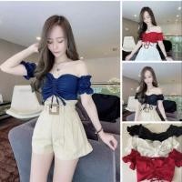 ราคา เสื้อครอปปาดไหล่ น่ารัก sexy ดีเทลเชือกรูดตรงกลาง มีตุ้มห้อยปลายเชือก (11386251373)