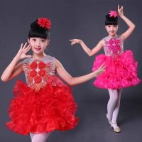 ราคา ชุดดรัมเมเยอร์ ชุดหลีด ปักเลื่อมแขนกุดปักดอกไม้แดง กระโปรงระบายชั้นสีแดง (25455741256)