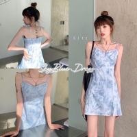 ราคา พร้อมส่ง มินิเดรสสายเดี่ยว ลายมัดย้อม โทนสีฟ้า เดรสสายเดี่ยวกระโปรงสั้น งานป้าย (12558645635)