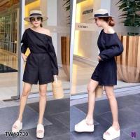 ราคา ⛱ชุดเที่ยว ไปทะเล Jumpsuit จั๊มสูทขาสั้น คอปาดจะใส่เป็นเปิดไหล่ข้างเดียวก็เก๋ แขนยาว เนื้อผ้าลินิน (44453210703)
