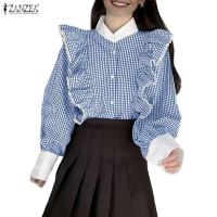 ราคา เสื้อลายสก๊อตนุ่มสำหรับผู้หญิง สไตล์เกาหลี แขนโคมไฟและระบาย (51002111966)