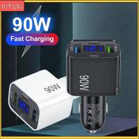 ราคา 4 พอร์ต 90W Car Charger Fast Charging 2USB + 2 ประเภท C หลายพอร์ต Car Charger Socket Power Adapter QC4.0 โทรศัพท์ Quick Charge พร้อม LED แรงดันไฟฟ้าจอแสดงผล 12 V-24 V Car Charger (41021336514)