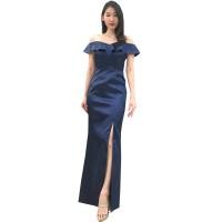 ราคา ชุดออกงานราตรียาวสีน้ำเงินกรมท่า เปิดไหล่แต่งระบายน่ารักๆ เข้ารูป ผ้าดัชเชสซาติน (3620253072)