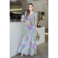 ราคา เดรสหางปลายาว สีฟ้า ลายversace สวยงามเรียบหรูไฮโซ (18931159118)