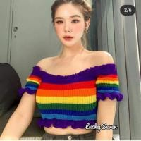 ราคา nonannshopเสื้อไหมพรมปาดไหล่ไเรนโบว์ฟรุ้งฟริ้ง น่ารักมากก ไล่โทนสีเบาๆ (4239927808)