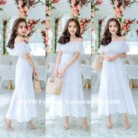 ราคา ชุดเดรสสีขาวทรงปล่อย โดดเด่นด้วยดีไซน์ปาดไหล่ พร้อมแต่งดีเทลลูกไม้ (5417073504)