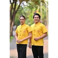 ราคา เสื้อคอจีน เสื้อผ้าฝ้าย เสื้อทำงาน สีเหลือง รุ่น2 งานปัก (28806991464)