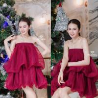 ราคา มินิเดรสสั้นทรงเกาะอกสีแดงไวน์(00210DA) (41803367113)