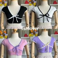 ราคา ครอปคอวี ครอปคอวีผ้าร่อง คอวีผูกโบว์ ครอปคอวีทูโทน (23156846210)