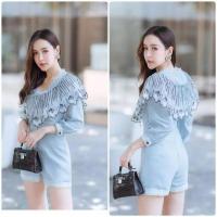 ราคา จั๊มสูทเชอร์รี่สีฟ้าขาสั้นสวยๆ งานป้ายPeony เสื้อผ้ามือสอง ชุดเซต งานตามหา งานป้ายมือสอง ชุดใส่เที่ยว ออกงานสไตล์วินเทจ (24220653411)