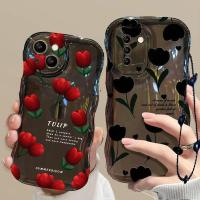 ราคา BLD| เคส สำหรับ OPPO A74 A78 A79 A83 A95 A98 เคสเชือกขอบหยักดอกทิวลิปสีแดงสีดำแบบมันวาวแบบนิ่ม (26170278045)