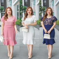 ราคา เสื้อผ้าสาวอวบ เดรสสาวอวบ เดรสแต่งผ้าลูกไม้ด้านบน กระโปรงผ้ามูลเวฟ อก44-46นิ้ว (23969013885)