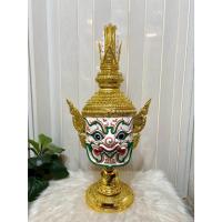 ราคา หัวโขน มารีศ ขนาดสวมหัว งานกระดาษ ปิดทองเค ประดับเพชรคริสตัล พร้อมฐานไม้อัดสีแดงฟรี ของตกแต่งบ้าน ของที่ระลึก khon mask (45000252471)
