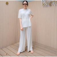 ราคา สินค้าพร้อมส่ง เซท เสื้อคอกลม+กางเกงขายาว ผ้าอัดพลีทเนื่อแน่น สีนี้ออกสีขาวออฟไวท์นะคะ (7711764248)