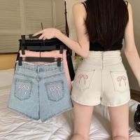 ราคา Laterme S-6XL 4 สี กางเกงยีนส์ขาสั้นสำหรับผู้หญิง ดีไซน์ปักลายโบว์ สไตล์หวานๆ และเข้ารูป (42870535125)