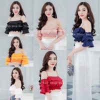 ราคา เสื้อครอป ตัวสั้น เสื้อแฟชั่น สวย เซ็กซี่ เกาะอก สายเดี่ยวสปาเก็ตตี้ เอวจั้ม ต่อแขนระบาย 3 ชั้น แขนกระดิ่ง (4442345730)