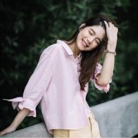 ราคา เสื้อเชิ้ตลินินสีชมพูลายทาง งานป้าย Numsha (7341115506)