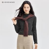 ราคา GIORDANO WOMEN Lettuce trims mock neck stripe sweater 13354686 (26676875122)