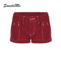 ราคา SweeticMe Womens 2025 New Fashion Street Wine Red Low Waist Casual Solid Color Short Jeans (26087932296)