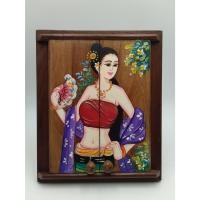 ราคา กระจกเงาไม้สัก คันฉ่องไม้สัก โบราณ ภาพวาดล้านนา เพ้นท์ (แบบสุ่มลาย M) (23165934449)