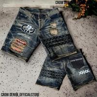 ราคา กางเกงยีนส์ขาสั้นแต่งแถบหนัง กางเกงยีนส์ขาสั้นชาย CROW DENIM (24663801858)