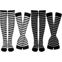 ราคา SATINIOR 4 Pairs Women's Striped Arm Warmer Long Striped Socks Knit Fingerless Gloves Set Winter Costume (Black-White, Black-Gray) (46302091690)