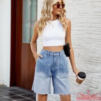ราคา Topone-women Denim Bermuda shorts Gradient Color Mid Rise Straight Leg Denim shorts (22690715977)