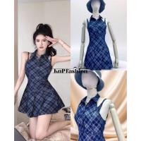 ราคา Knp/เดรสยีนส์ลายสก๊อต แต่งคอปกบวกสายเดี่ยวเก๋ๆ ด้านหน้าแต่งกระดุม (20694948630)