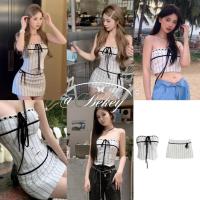 ราคา 【จัดส่งจากประเทศไทย】เวอร์ชั่นเกาหลี ครอบตัดด้านบน กระโปรงลายทาง สายเอี๊ยมกำมะหยี่ เสื้อท่อนบนสุดเซ็กซี่ ชุด 1/2 ชิ้น (22579893249)