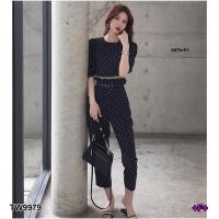 ราคา J9979 Set ลายจุดเสื้อครอปต่งกระดุมหน้า + กางเกง +สายเข็มขัด (2610668473)