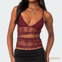 ราคา Poppia-women Lace Sheer Camisole V คอสปาเก็ตตี้ Sheer Vest Slim Fit Cutout Show Navel Tank Tops (25093061835)