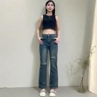 ราคา NAMCHA กางเกงยีนส์ทรงกระบอกเล็ก กางเกงยีนส์ผ้ายืด กางเกงยีนส์เอวสูง สียีนส์เข้ม แต่งขาด 2663 (54851966637)