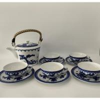 ราคา ชุดกาน้ำชา กาน้ำชาใบใหญ่ พร้อมชุดแก้วชาและจานรอง5ใบ เนื้อเซรามิคใบสีขาว ลายคราม (25616634510)