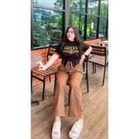 ราคา ชุดเซ็ตสาวอวบ เสื้อผ้าวูลเวฟ สกรีนลาย มาคู่กันกับกางเกงผ้ากำมะหยี่ งานสวยปังมาก D270 (29259255732)