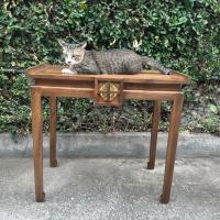 ราคา โต๊ะไม้สัก โต๊ะทำงานไม้สัก โต๊ะจีน สีเสี้ยนดำ คลาสิค วินเทจ ฐานพระ แต่ง ลายโลหะทอง 2 ด้าน (27432629394)