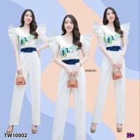ราคา JK10002 Jumpsuit จั๊มสูทขายาวแขนระบายผ้าแก้ว เข้ารูปสวย อกพิมพ์ลายนก สีสดใส ช่วงเอวคาดเป็นเข็มขัดโบว์สีน้ำเงินฟ้า (29251918219)