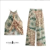 ราคา Kowie Korea ( 374 ) Meya Set ชุดเซท เสื้อเกาะอก + กางเกงขายาวลายมัดย้อม (24103076790)