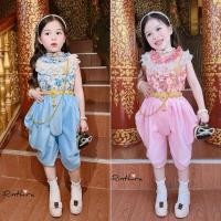 ราคา ชุดไทยเด็กลายดอกโจงกระเบน เสื้อลายดอก+โจงกระเบน มีดีเทลตกแต่งระบายมุก (24919261836)