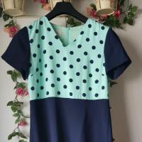 ราคา เดรสแบรนด์Bouton สีเขียวมิ้นลายจุด กระโปรงพื้นน้ำเงินใส่ทำงาน (5836625797)