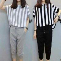 ราคา เสื้อแขนสั้นลายริ้วผ้าไหมอิตาลี่ กับกางเกงทรงขาจั้ม 4 ส่วน จั้มปลายขาผ้าแมงโก้ (351536763)