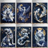 ราคา สีตะวันออกผ้าใบโปสเตอร์สัตว์จีนห้องนั่งเล่นห้องนอนตกแต่งผนังภาพวาดผนังศิลปะสีฟ้าชุดผ้าใบโปสเตอร์ (27512805246)