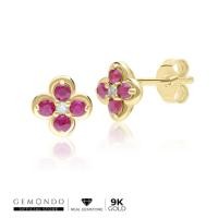 ราคา Gemondo ต่างหูทองคำ 9K ประดับทับทิม (Ruby) และเพชร (Diamond) ทรงดอกไม้ล้อม สไตล์คลาสสิก (26915531507)
