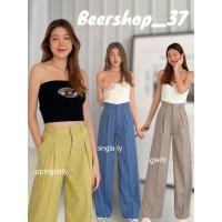 ราคา sale220**กางเกงเอวสูงขากระบอกใหญ่ลายริ้วแต่งจีบทวิสหน้าเก๋ๆ พร้อมส่ง** (18974079474)