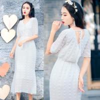 ราคา Dress4589 Maxi Dress ชุดเดรสยาวสีขาวลายจุดปอมๆ ทรงคอวีป้ายมีเชือกผูกโบว์ด้านหลังผ้าชีฟองเนื้อดี งานเกรดพรีเมียม​ (20293534570)