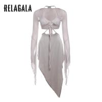 ราคา RelaGala ผู้หญิงใหม่แฟชั่นลําลองแขนยาว V สายคล้องคอ Slim Low เอวสะโพก Wrap Dress (20990697445)