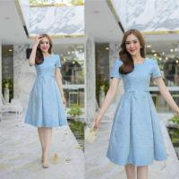 ราคา ชุดเดรสผ้าไทยสีฟ้า ผ้าแพรวาทอลาย ผ้าไหม (44125148061)