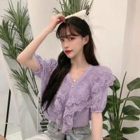 ราคา โวลต์ คอลูกไม้เสื้อลูกไม้ผู้หญิงพัฟแขนเสื้อชีฟองฤดูร้อนสไตล์เกาหลีการออกแบบแฟชั่นความรู้สึกเสื้อชีฟองสีม่วง (40963445717)